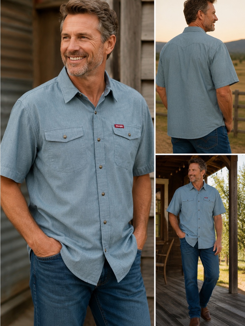 Wrangler Men’s 3X Relaxed Fit Western Snap Shirt Blue Short Sleeve Casual